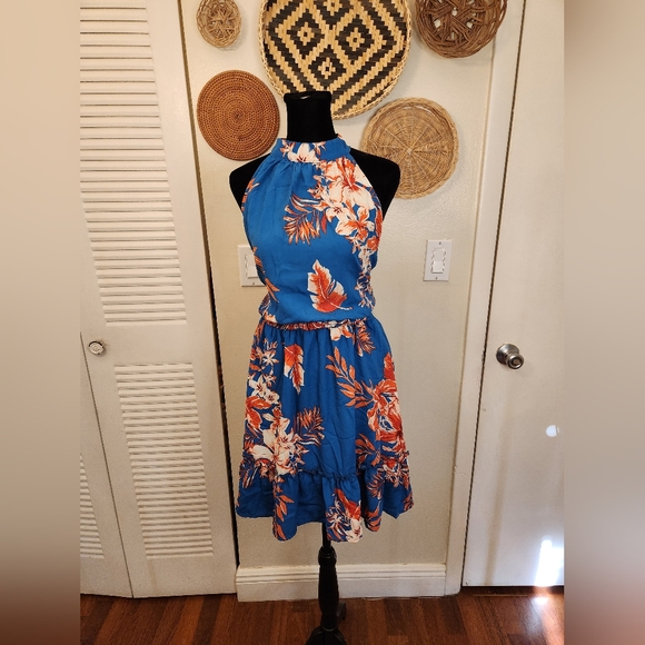 Blue Floral Sleeveless Mini Dress - Picture 6 of 12